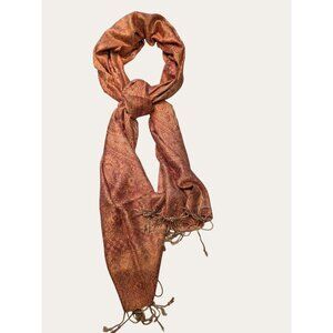 Paisley Patterned Orange & Red Pashmina Scarf Wrap With Fringe Edges